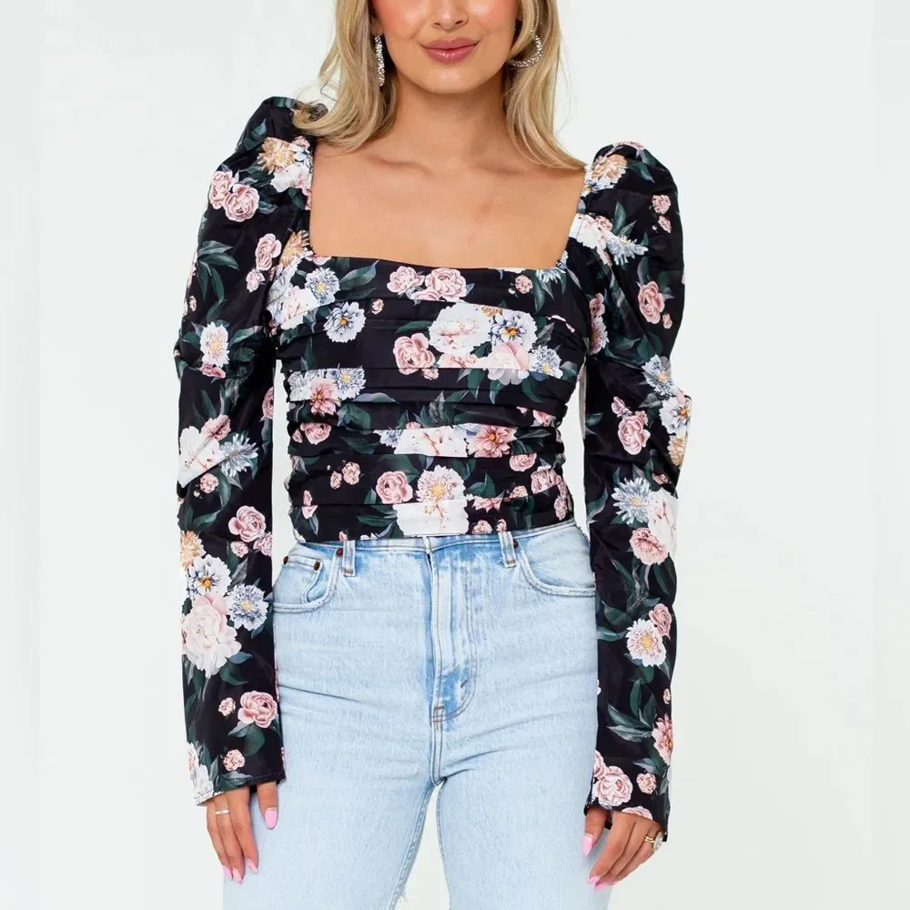 BuddyLove Duchess Pleated Long Sleeve Top Sleeping Garden Small NWT Floral Crop